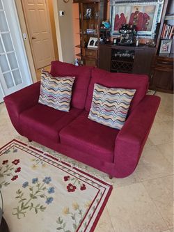 Complete Living Room Set: 2 Red Sofas & 2 Patterned Reclining Chairs