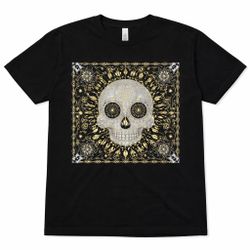 Official Cosmic 108 Rock Sugar Skull Graphic V-Neck T-Shirt Black Unisex Medium