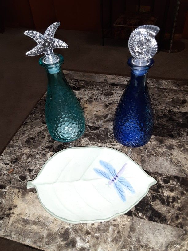Pair Of Glass Decanter bottles And Soap Dish