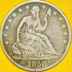 1858 U.S. SEATED LIBERTY SILVER HALF DOLLAR 50c COIN (FINE)