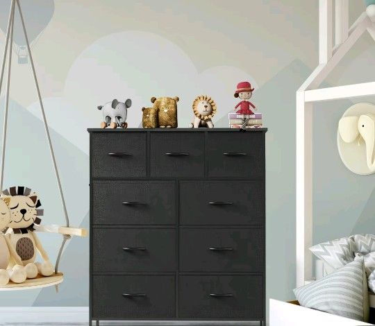 9 Drawers, Bedroom Drawer Dresser ,Organizer,Chest of Drawers wth Fabric Bins, Steel Frame Wood Top