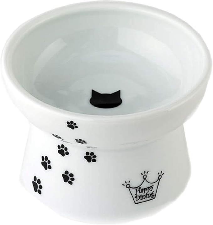 Necoichi Ceramic Elevated Cat Food Bowl 1-cup, White Paw,