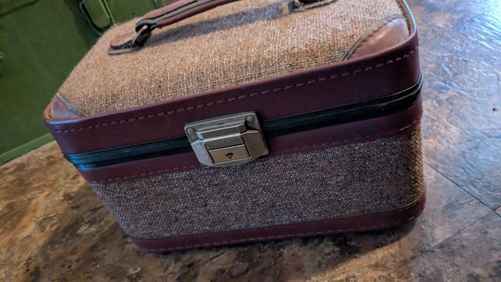 Vintage Tweed and Maroon Leather Makeup Case/Suitcase with Original Key
