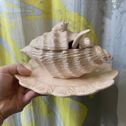 Vintage Mermaid 80s Iridescent Conch Shell Serving Bowl And Dish