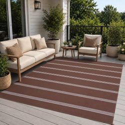 NEW 8x10 Feet Large Outdoor Patio Mat UV and Water Resistant Modern Contemporary Style Carpet Rug Brown With Stripe 
