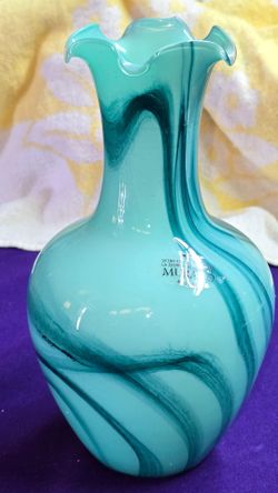Vintage Murano Style Made In Italy Teal and Green Marbled Swirl Glass Vase with a ruffled edge CR3V046