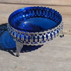 Vintage Cobalt Blue Glass Bowl with Silver Metal Holder - Decorative Collectible

