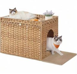 Litter Box Enclosure, Handwoven Rattan Hidden Litter Box Furniture With Litter, Removable Washable Tray, Boho House, End Table, Goose Yellow UPCL014K0
