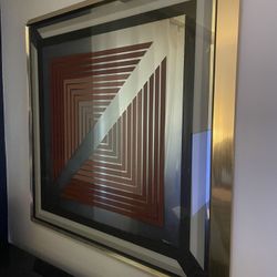 1970s Greg Copeland Large Brass Geometric Graphic Art Op Mirror
