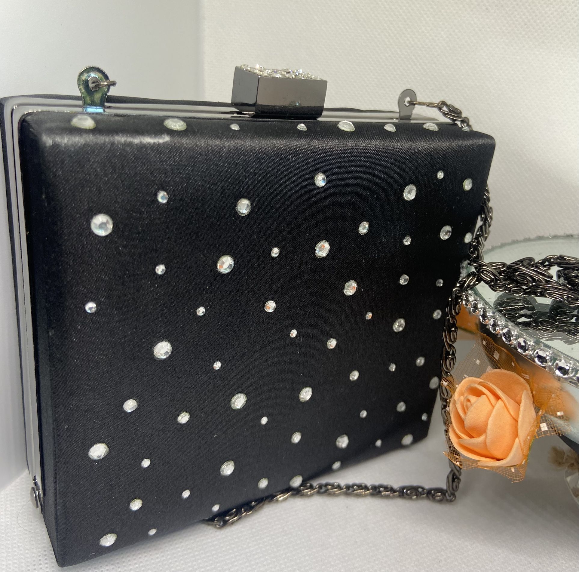 Black Satin Women's Small Crossbody Clamshell Rhinestone Jewel Box Purse Clutch Long Chain