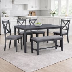 6-Piece Wood Top Gray Dining Table Set with 4-Dining Chairs and 1-Bench [NEW] **Assembly Req** 