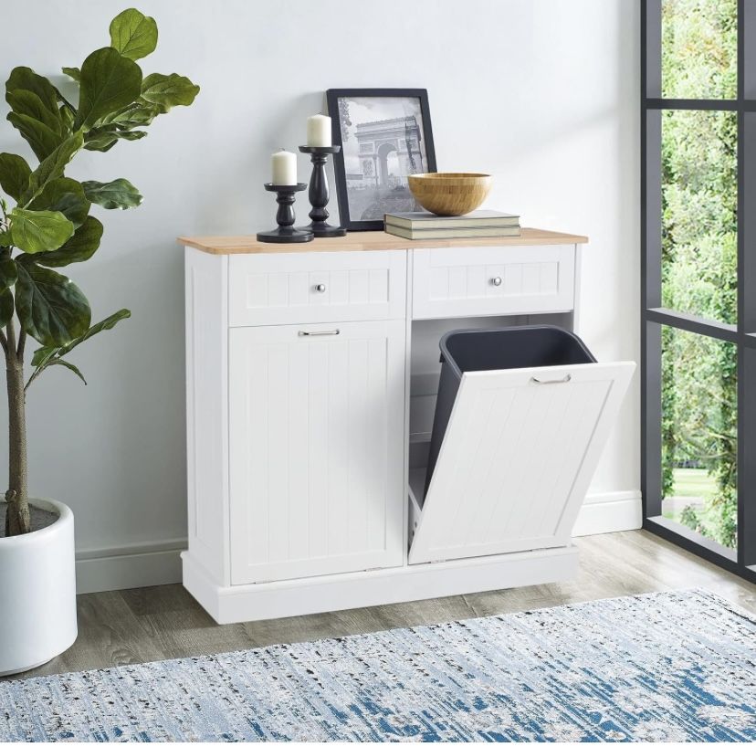 Double Tilt Out Trash Cabinet, Dual Kitchen Trash Bin Cabinet with Hideaway Drawer, Wooden Free Standing Recycling Cabinet Garbage Can Holder Dog Proo