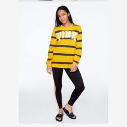 Victoria's Secret PINK Women's Spell Out T-Shirt Yellow Blue Striped  Large 