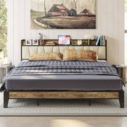 LIKIMIO King Bed Frame, Storage Headboard with Charging Station, Solid and Stable, Noise Free, No Box Spring Needed, Easy Assembly (Walnut and Beige)