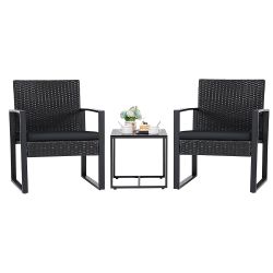  3 Pieces Outdoor Patio Wicker Furniture Set, Modern Rattan Chair Conversation Sets with Coffee Table for Yard and Bistro (Black)