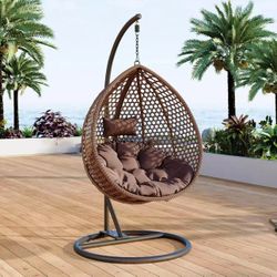 New assembled Egg Swing Chair Outdoor with Stand, Hanging Egg Rattan Basket Chair with Cushion and Pillow, Swinging Egg Chair, Foldable Basket and Met