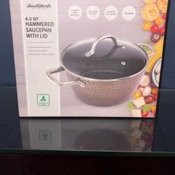 4.2 QT Hammered Saucepan with Lid by the brand Basil & Kraft. 