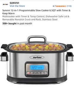Sunvivi 12-in-1 Programmable Slow Cooker 6.5QT with Timer & Keep Warm Multicooker with Timer & Temp Control, Dishwasher Safe Lid & Removable Nonstick 