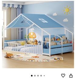 Sky Blue Kids House Bed For Full Size Mattress