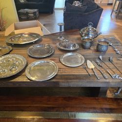Large silver plated lot, trays, utensils, bowls, candle holder, all for $90