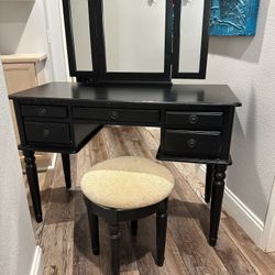 Solid Wood Vanity With Attached Mirror And Stool 