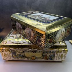 (2) Cookie/Biscuit Tin Boxes. Vintage Henry Lambertz large Cookie Tin Treasure Chest Shape 14' X 10' X 4” & Vintage German Schmidt Biscuit Cookie Comp