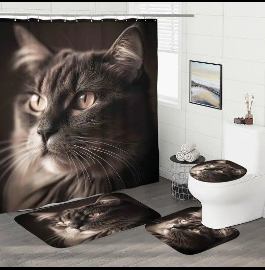 4-pcs. Cat Shower Curtain Set