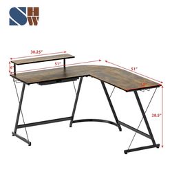 SHW 51 x 51 Inches Vista L-Shaped Desk with Monitor Stand and Drawer, Rustic Brown