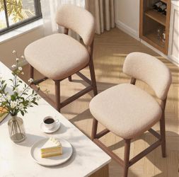 Solid Wood Counter Height Bouclé Bar Stools – Set of 2
