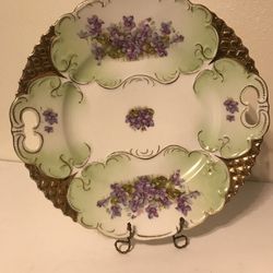 Antique German Porcelain 10" Floral Plate Purple Violets w/ Molded Gold Design