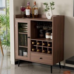 Coffee Bar Cabinet with Storage, Mid-Century Modern Buffet Sideboard with Acrylic Door, Small Wood Storage Cabinet with Adjustable Shelves, Cupboard f