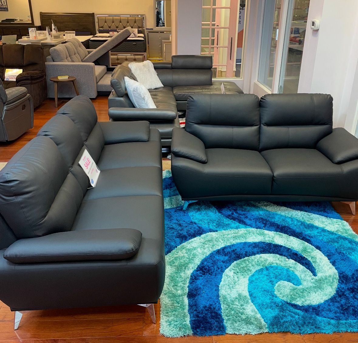 Black Friday sale starts now. The Valencia black sofa and loveseat set only $799. Easy finance option. Same day delivery.