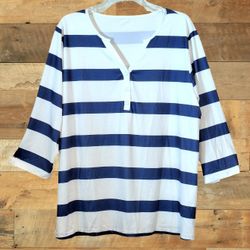 Blue & white wide horizonal striped shirt, 3/4 length sleeves, v-neck, Sz. 3XL