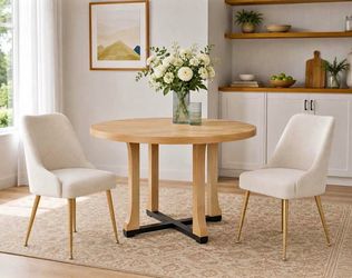 3-Piece Round Dining Set – 48” Wood Table + 2 Upholstered Chairs
