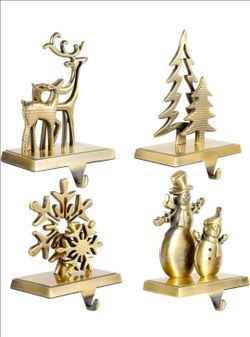 Christmas Stocking Holders for Mantel, 4pc Holiday Stocking Hangers, Snowflake Snowman Reindeer Christmas Tree Stocking Hook Set, Alloy Weighted Non-S