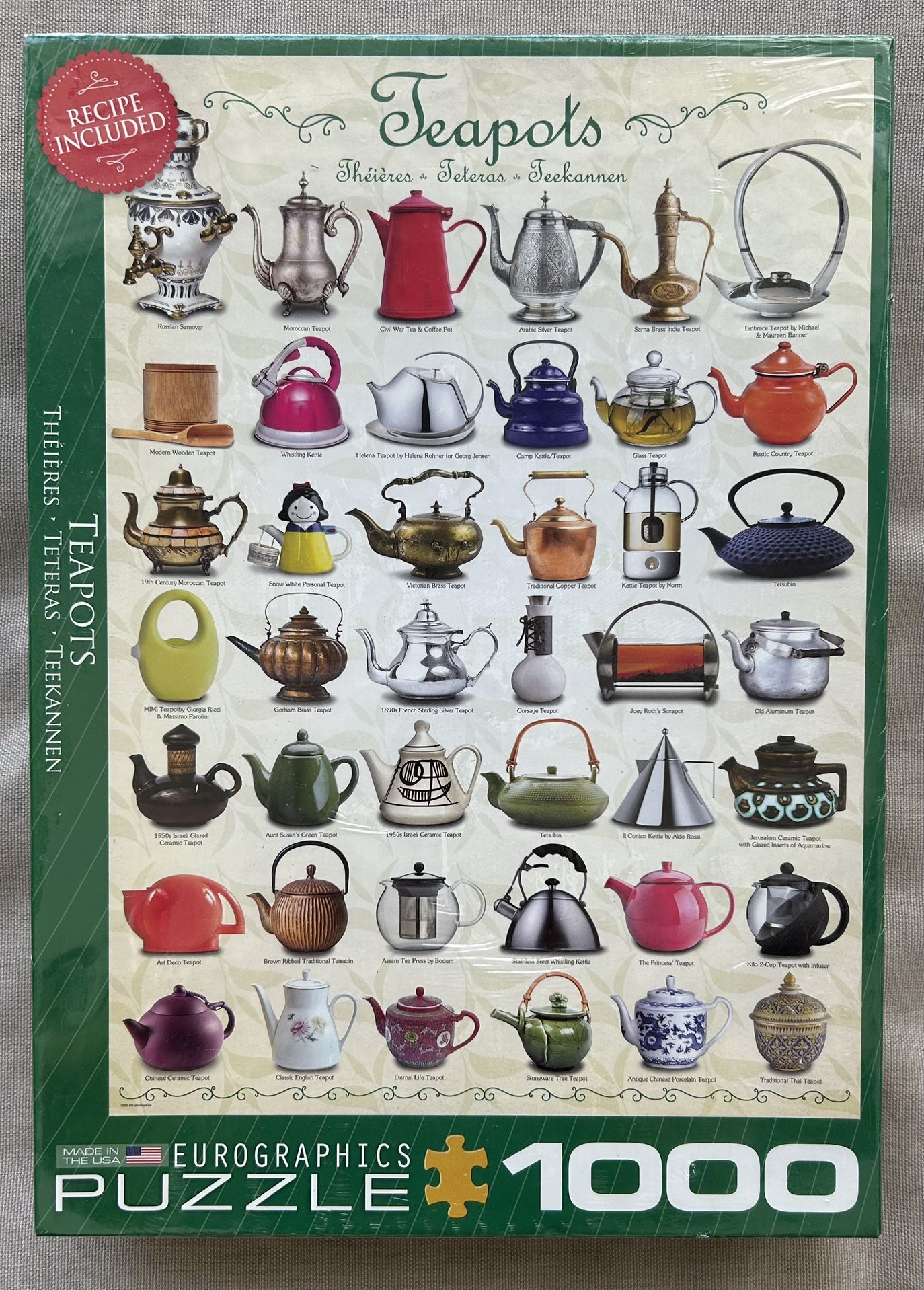 TEAPOTS Eurographics Puzzle 1000 Pcs Recipe Included Made In USA Factory Sealed