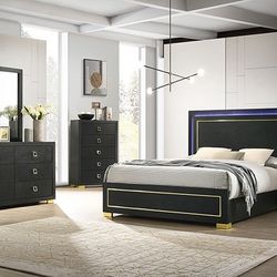 Brand New LED Queen Size Gold Accent Bed Set 