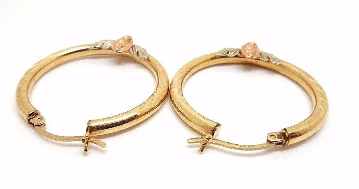14K Multi Tone Rose Yellow White Gold Hoop Flower Earrings #32142