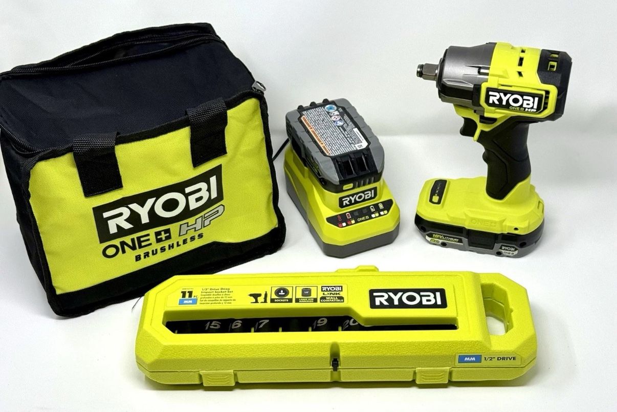 RYOBI HP 18V Brushless Compact 1/2” Impact Wrench Kit 2 Batteries + Sockets +bag