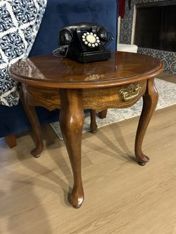 Vintage Antique Brown Accent Table With Gold Drawer Accent