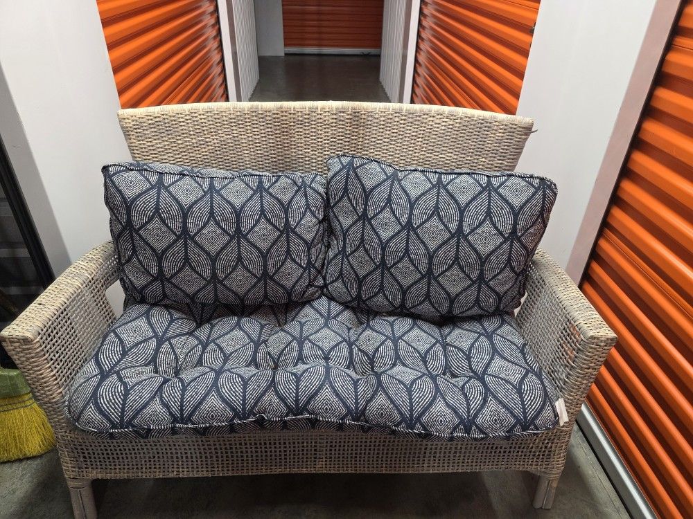 Boho Bliss White & Blue Wicker Loveseat For The Patio