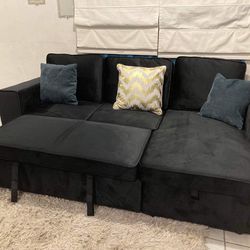 New In Box 📦 Black Velvet L Sectional Couch 🛋️ With Storage Underneath Also Has Pull Out Bed & USB Ports & Shelves To Display Items 