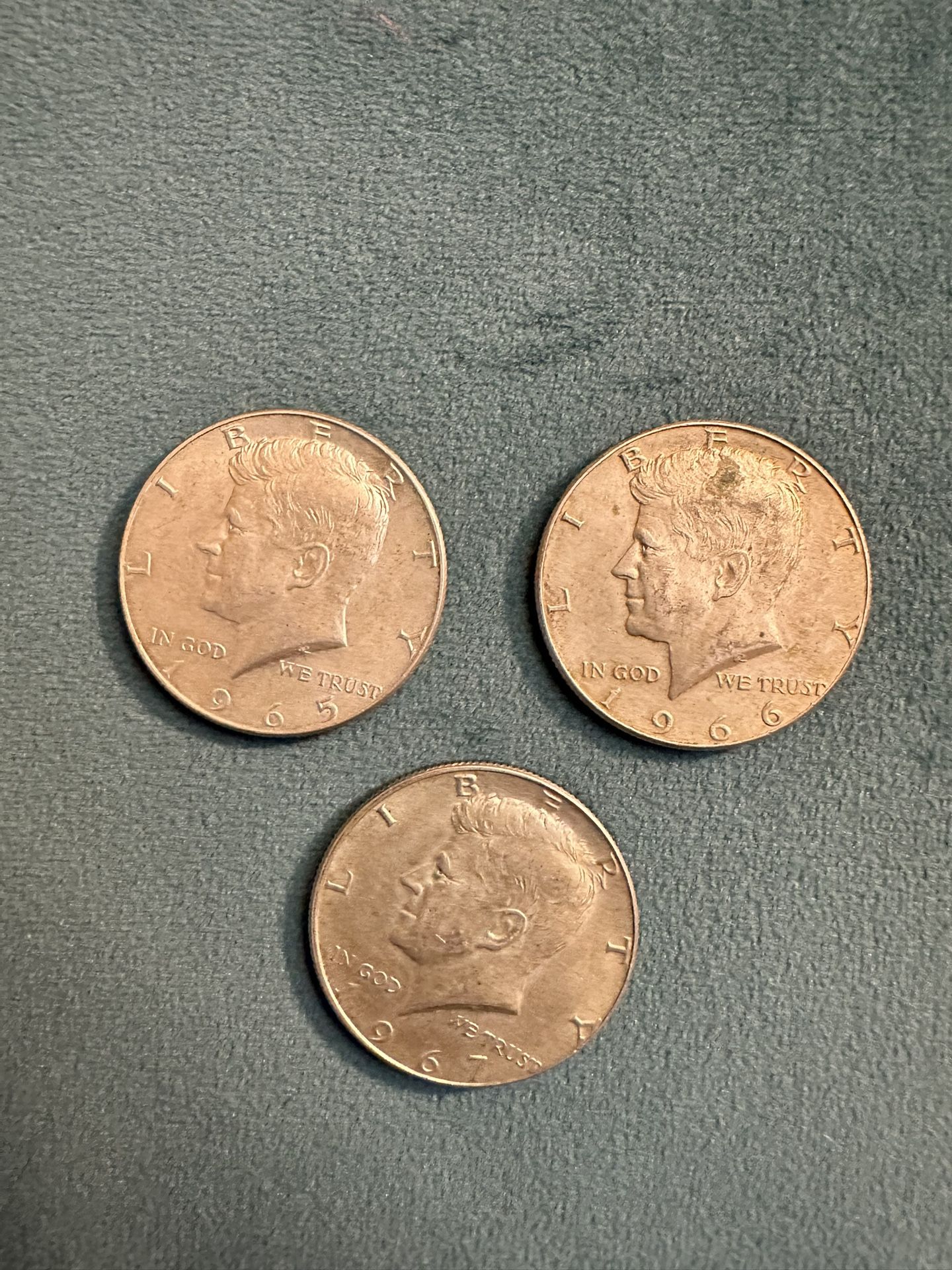 1965, 1966, 1967 Kennedy Half Dollars – 40% Silver (3 Coins)