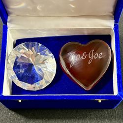 Jo & Joe Engraved Crystal Heart w/ Faceted Crystal Diamond-Style Paperweight - Valentine’s Gift 