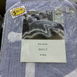 Balboa blue and white striped king quilt set