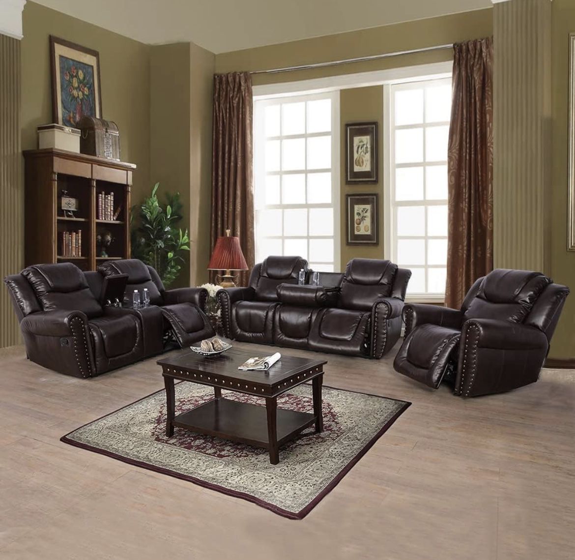 New Espresso Leather Recliner Set Include Sofa, Loveseat And Chair New In Packaging 
