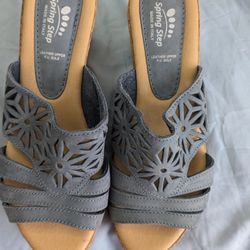 Spring Step Women's Estella Leather Nubuck Wedge Slide Sandals - Blue, 38M EUC