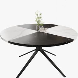 47” Faux Marble Round Dining Table for 4-6 Person, Modern Wooden Kitchen Table with Black Steel Legs, Circle Coffee Table for Kitchen, Diner Room, Bla
