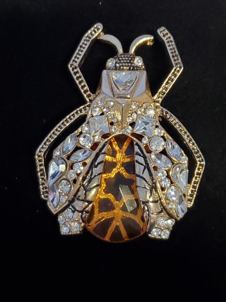Large Insect Brooch Pin With Clear And Amber Rhinestones.