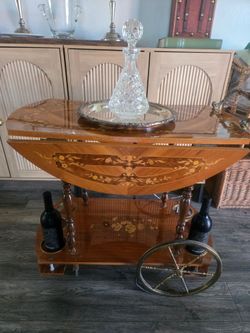 Vintage marquetry drop leaf bar cart